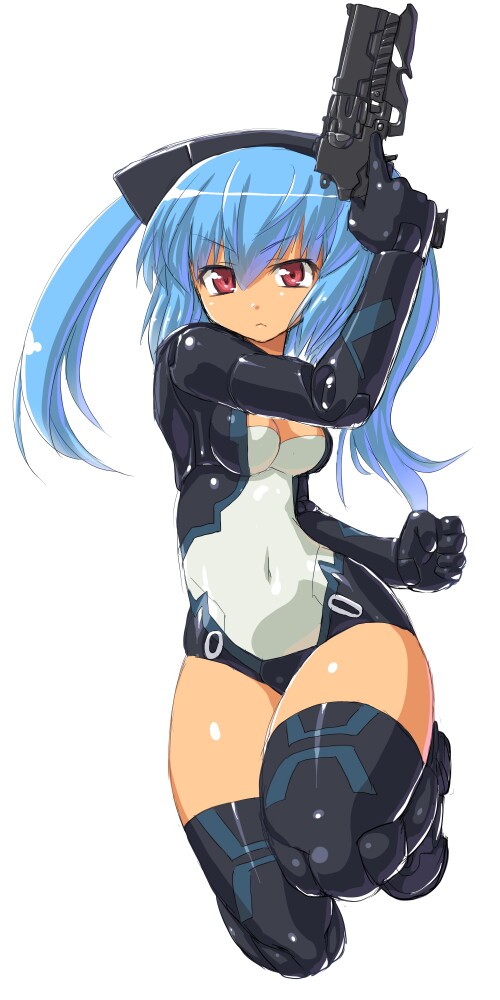 :&lt; bangs black_footwear black_legwear blue_hair boots breasts busou_shinki cleavage clenched_hand closed_mouth covered_navel dd_(ijigendd) frown full_body gloves gun hair_between_eyes hand_up handgun hips kneeling leotard long_hair looking_at_viewer pistol red_eyes serious simple_background small_breasts solo strarf tan thigh_boots thighhighs thighs trigger_discipline twintails v-shaped_eyebrows weapon white_background