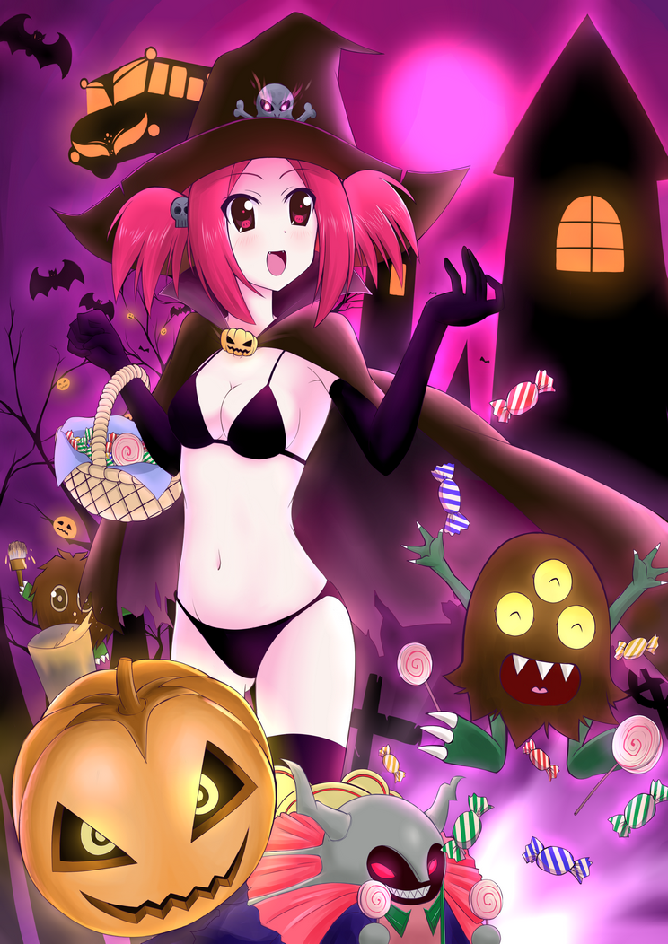 1girl bikini breasts candy cape cleavage dark_resonator duel_monster food gloves halloween hat kuriboh lollipop pumpkin red_eyes red_hair sangan smile swimsuit thighhighs tour_guide_from_the_underworld twintails witch_hat yu-gi-oh!