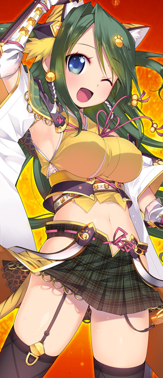 ;d alternate_eye_color alternate_hair_color animal_ears arm_up armpits bell black_legwear blue_eyes breasts cat_ears detached_sleeves garter_straps green_hair hair_bell hair_ornament kashiwamochi_yomogi large_breasts long_hair one_eye_closed open_mouth sengoku_collection skirt smile solo takatora_todo_(sengoku_collection) thighhighs