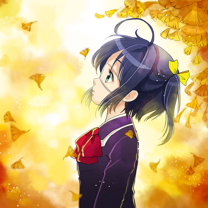 blazer blue_eyes blue_hair bow chuunibyou_demo_koi_ga_shitai! dorris eyepatch falling ginkgo jacket leaf looking_up one_side_up profile school_uniform short_hair solo takanashi_rikka