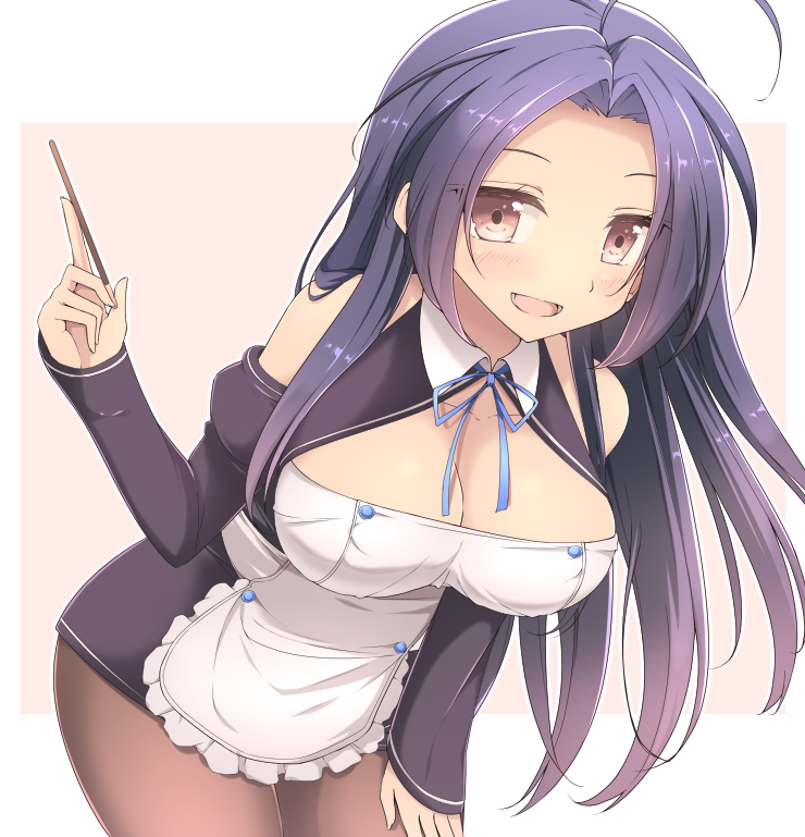 ahoge breasts cleavage cosplay dream_c_club dream_c_club_(series) food futaba_riho futaba_riho_(cosplay) idolmaster idolmaster_(classic) large_breasts long_hair miura_azusa pantyhose pink_eyes pocky purple_hair solo van-s