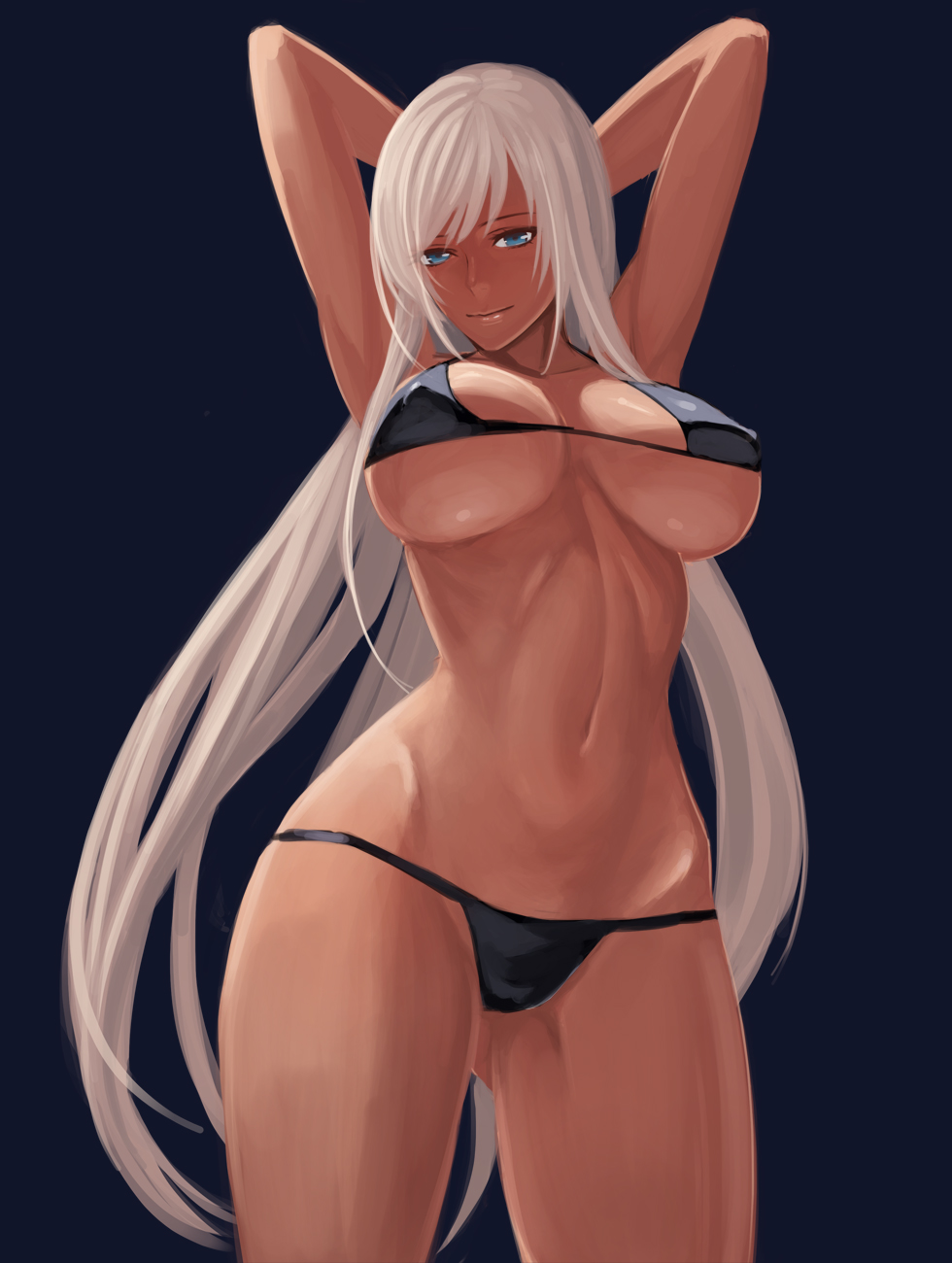 armpits arms_behind_head arms_up bikini black_bikini blue_background blue_eyes breasts damegane highres large_breasts long_hair looking_at_viewer original solo swimsuit very_long_hair white_hair