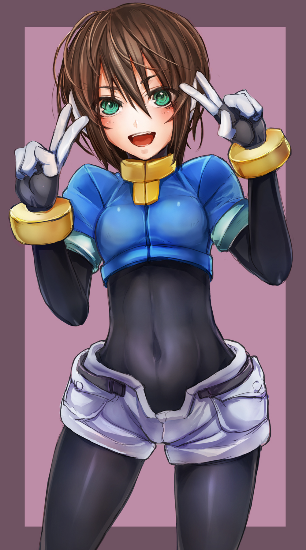 :d aile belt blush bodysuit border brown_hair covered_navel double_v green_eyes highres looking_at_viewer open_mouth rockman rockman_zx short_hair smile solo taishi_(picchiridou) v