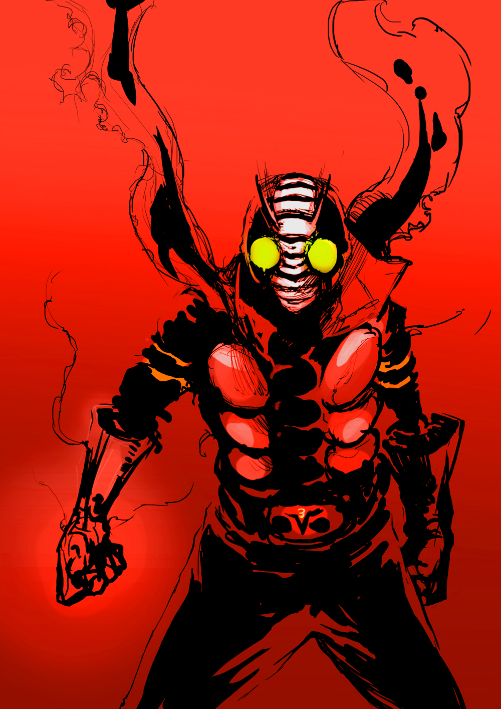 glowing glowing_eyes highres illustica_phantom kamen_rider kamen_rider_v3 kamen_rider_v3_(series) male_focus monochrome red scarf sketch solo spot_color