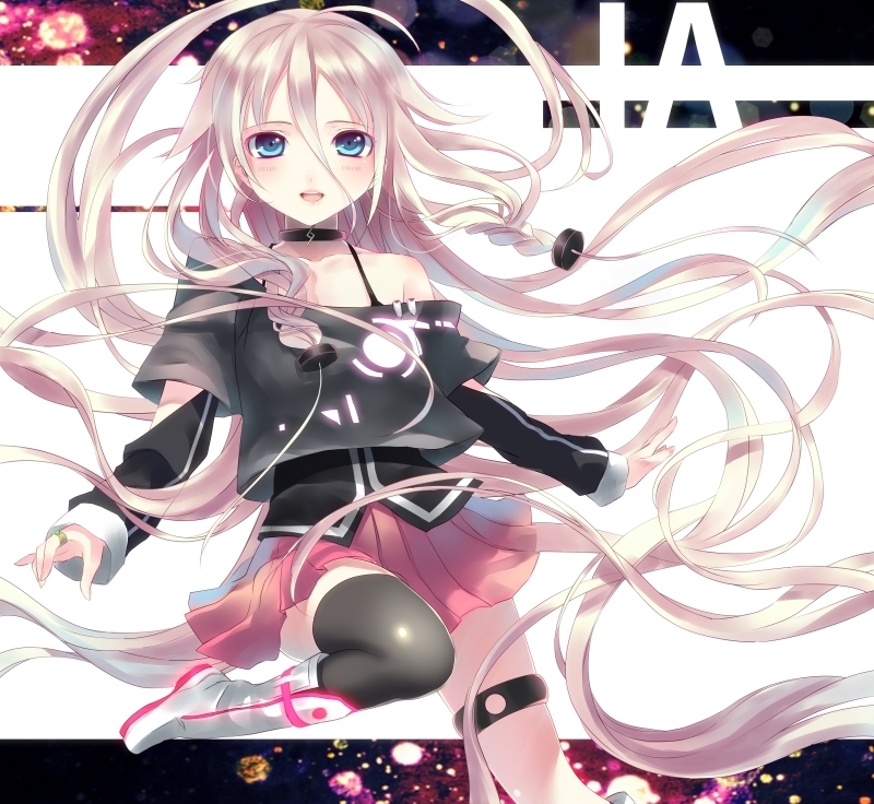 ahoge bare_shoulders blue_eyes braid ia_(vocaloid) ioeri long_hair looking_at_viewer off_shoulder open_mouth pink_hair single_thighhigh skirt solo thigh_strap thighhighs twin_braids vocaloid