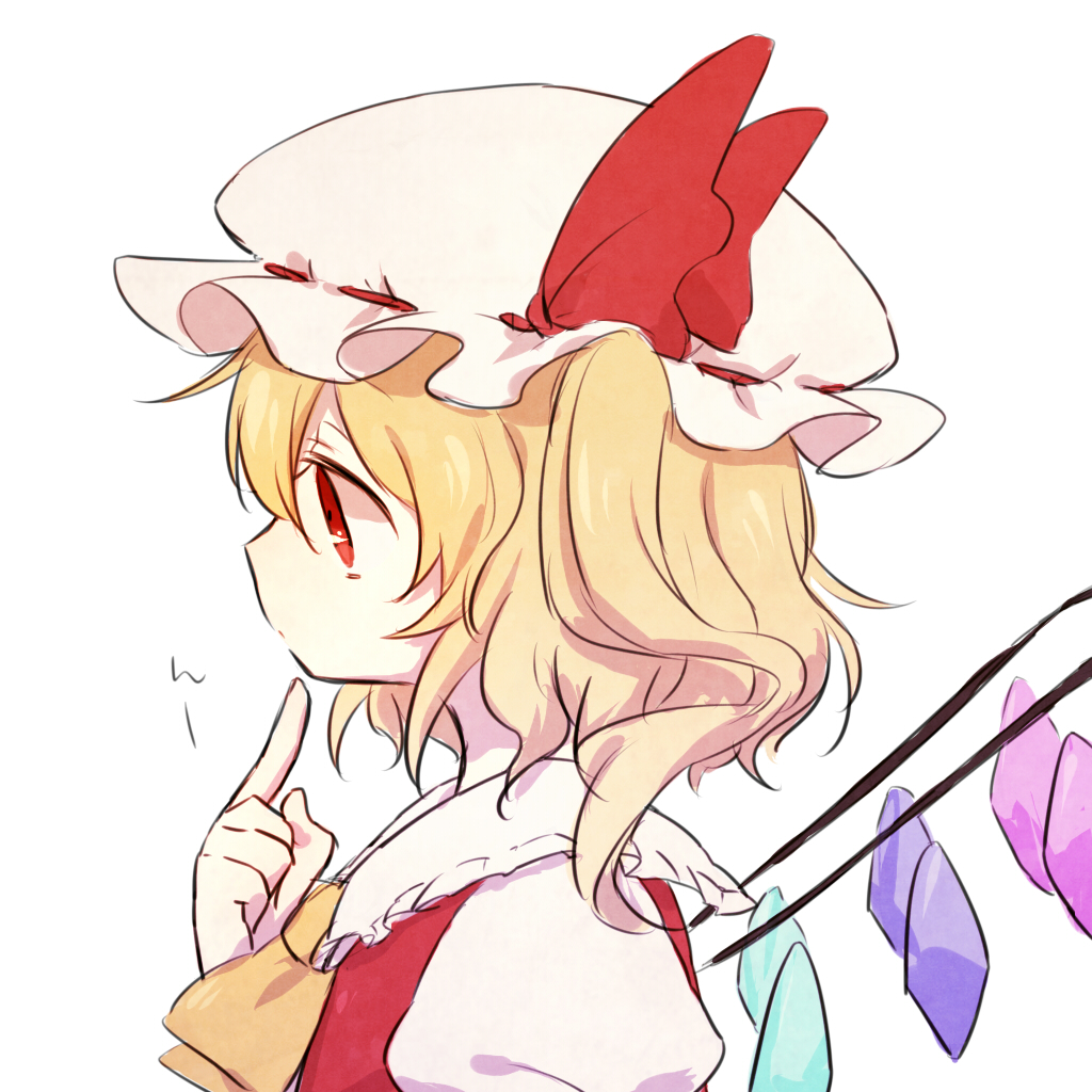 ascot blonde_hair finger_to_mouth flandre_scarlet from_side hat hat_ribbon honotai profile red_eyes ribbon short_hair side_ponytail solo thinking touhou upper_body white_background wings