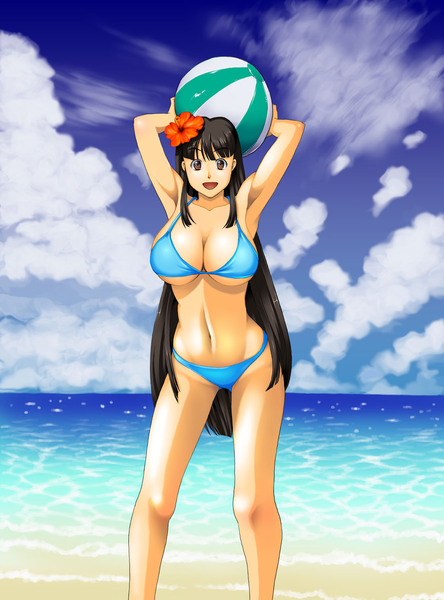 1girl ball beach bikini breasts kawanuma_uotsuri large_breasts looking_at_viewer ocean solo swimsuit