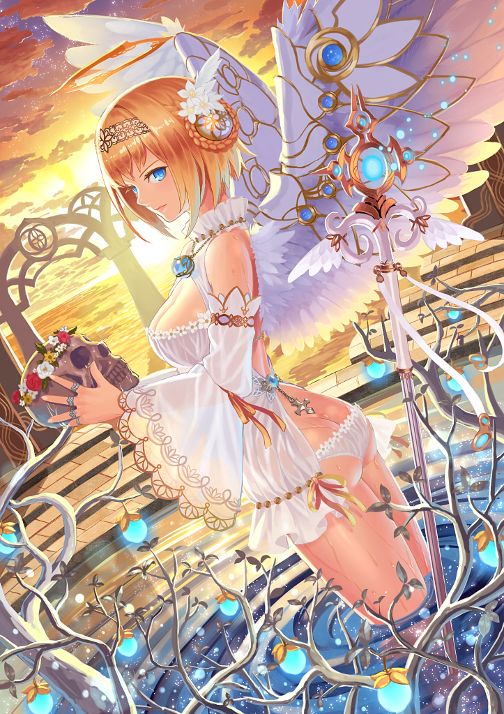 backlighting bare_shoulders blonde_hair blue_eyes butt_crack detached_sleeves dutch_angle hair_ornament holding k+ large_wings light_particles original panties short_hair skull solo staff standing sunlight sunset underwear wading water white_panties wings