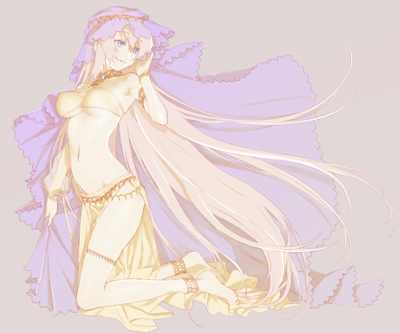 anklet barefoot blue_eyes full_body jewelry long_hair looking_away mamama megurine_luka midriff navel pink_hair simple_background solo veil vocaloid