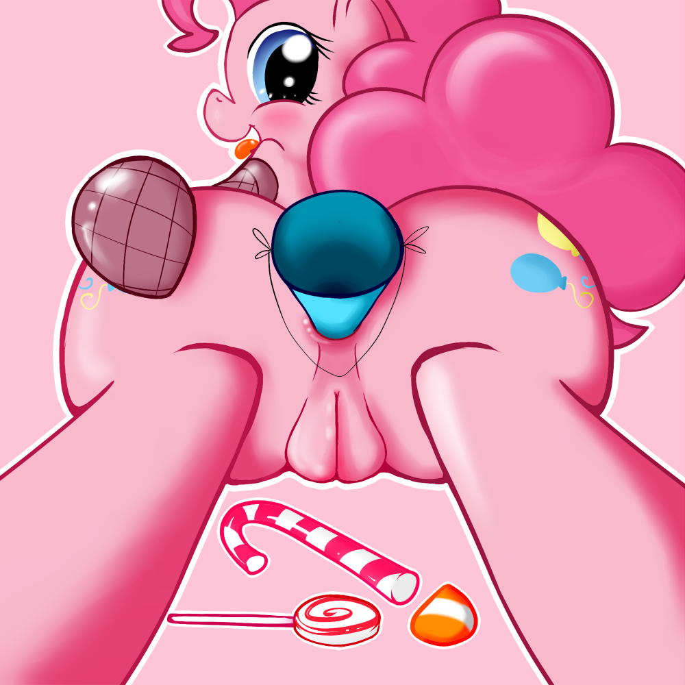 anal anal_insertion anal_penetration anus blue_eyes blush candy cutie_mark equine female feral friendship_is_magic horse improvised_dildo insertion looking_at_viewer looking_back mammal my_little_pony penetration pink_theme pinkie_pie_(mlp) pinkieinprivate plain_background pony presenting pussy solo tongue