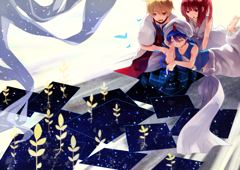 2boys aladdin_(magi) ali_baba_saluja barefoot blonde_hair blue_hair braid closed_eyes long_hair magi_the_labyrinth_of_magic morgiana multiple_boys red_eyes red_hair short_hair turban yellow_eyes zozakura