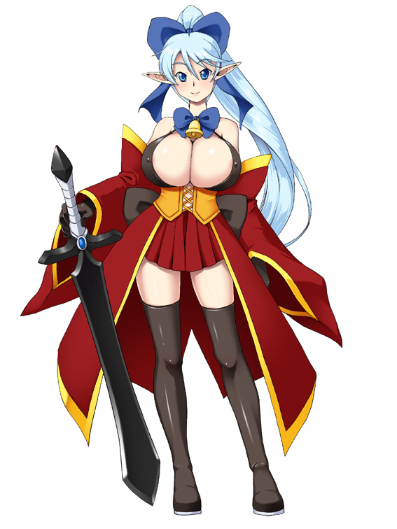 1girl blue_hair breasts kawanuma_uotsuri large_breasts pointy_ears smile solo sword weapon