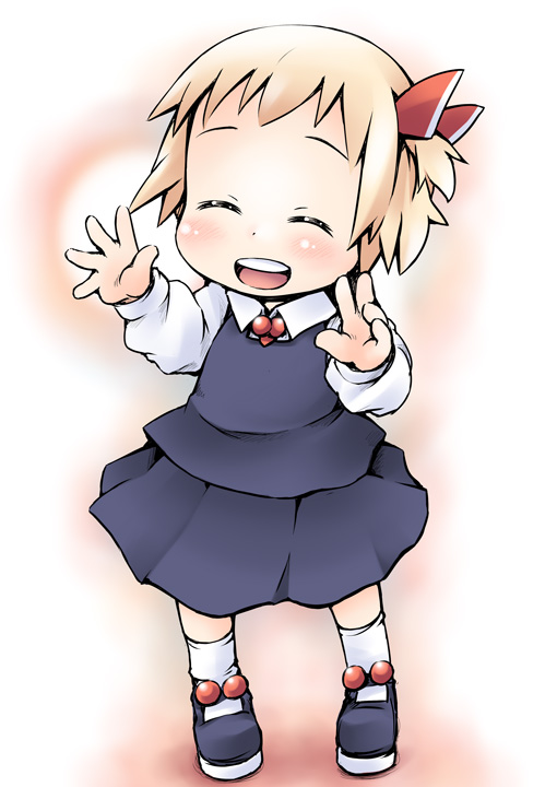 ascot blonde_hair blush closed_eyes hair_ribbon ham_(points) long_sleeves open_mouth outstretched_arms ribbon rumia shirt short_hair skirt skirt_set smile solo touhou vest younger