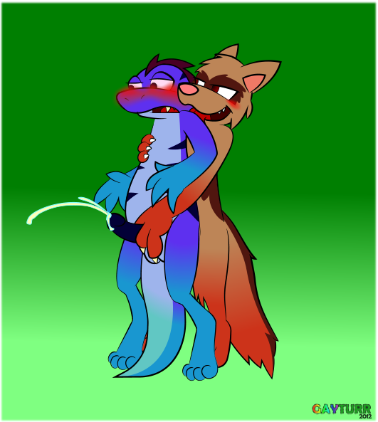 anthro blush canine cum duo gay gayturr grope licking lizard male mammal orgasm penis purple_eyes red_eyes reptile scalie sly stripes tongue wolf zarek