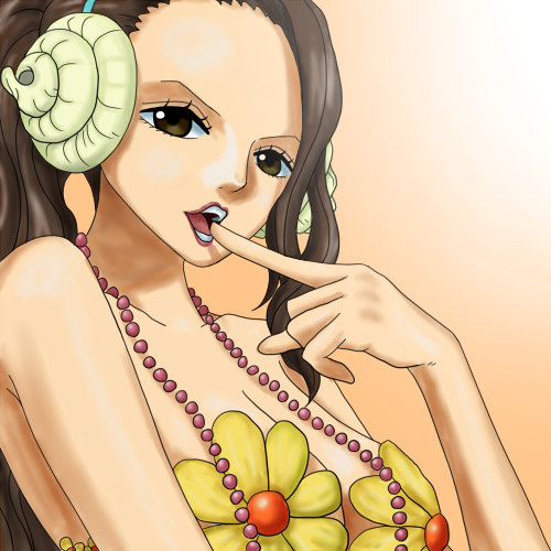 1girl breasts brown_hair cleavage finger_in_mouth fishman_island flower headphones kyo_(pixiv2376063) large_breasts long_hair lowres mermaid monster_girl one_piece seira_(one_piece) solo