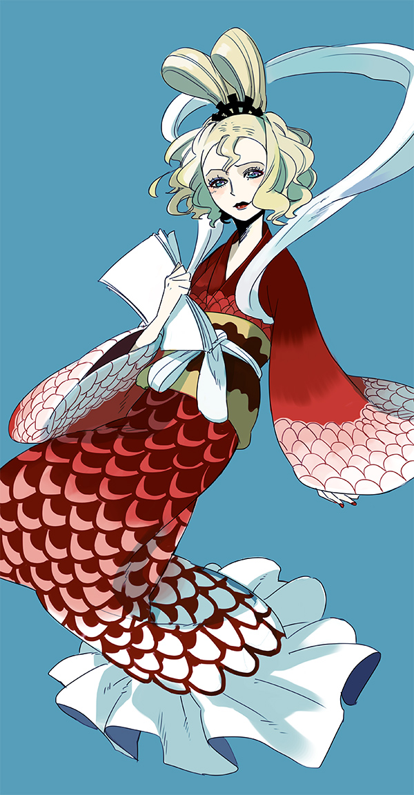 1girl blonde_hair blue_background blue_eyes dress fishman_island i_(kaiyou) lipstick long_hair makeup mermaid monster_girl one_piece otohime_(one_piece) paper queen simple_background solo