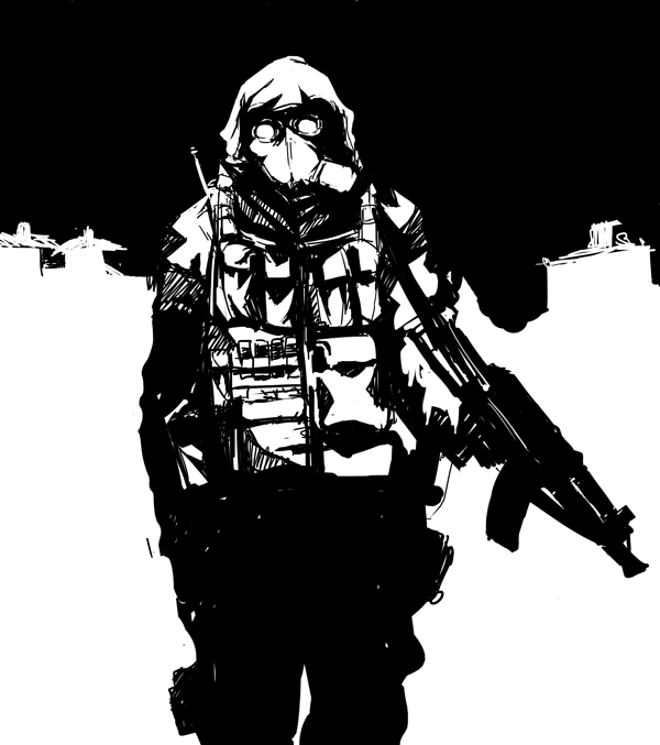 building gas_mask greyscale gun lunch_(nijie_admin) male_focus military military_uniform monochrome original soldier solo uniform weapon