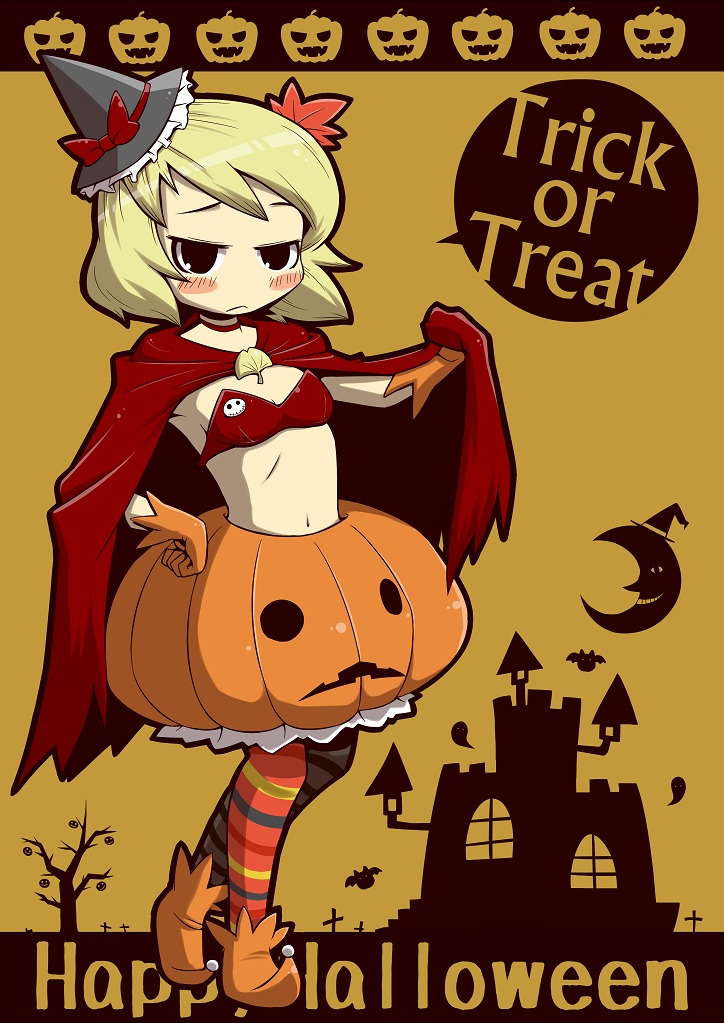 aki_shizuha alternate_costume blonde_hair blush bow bubble_skirt cape dress gloves hair_ornament halloween hand_on_hip happy_halloween hat hat_bow leaf_hair_ornament midriff navel orange_dress pantyhose pumpkin short_hair skirt solo striped striped_legwear touhou trick_or_treat zannen_na_hito