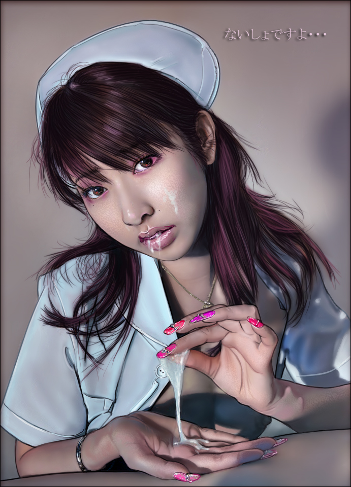 1girl asian bracelet breasts brown_eyes brown_hair cum dacchan jewelry medical nail_polish necklace nurse photorealistic realistic