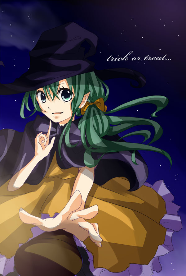 bad_id bad_pixiv_id blue_hair green_hair halloween hat original pantyhose pointy_ears solo witch_hat