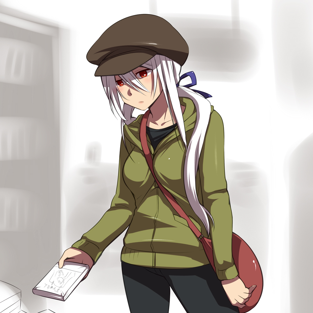 bag between_breasts book bow breasts cabbie_hat caffein casual hair_bow handbag hat hood hoodie large_breasts long_hair ponytail red_eyes silver_hair solo strap_cleavage vocaloid voyakiloid yowane_haku