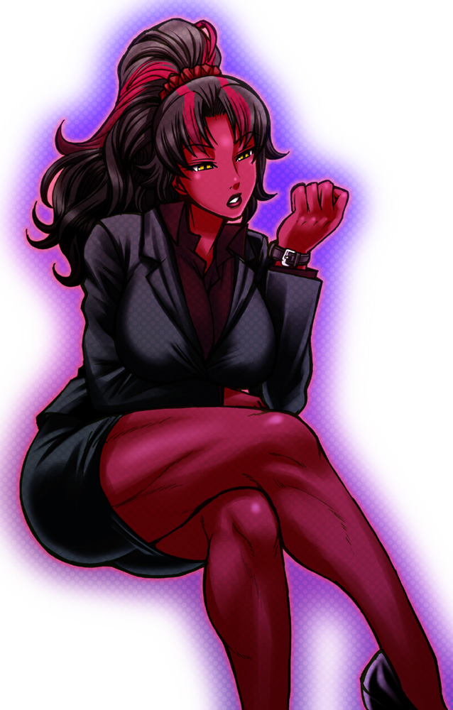 alternate_color betty_ross black_hair breasts chiba_toshirou crossed_legs formal high_ponytail large_breasts legs long_hair marvel multicolored_hair ponytail red_hair red_she-hulk red_skin sitting solo thick_thighs thighs watch yellow_eyes