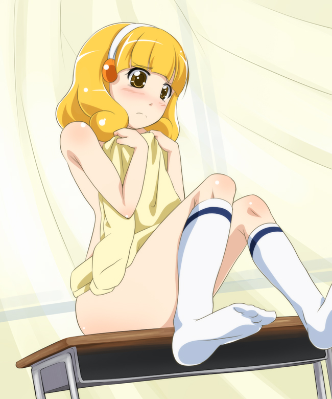 bad_id bad_pixiv_id blonde_hair blush cardigan clothes_in_front covering curtains desk feet hairband kise_yayoi kneehighs no_shoes nude nude_cover precure sch school_desk sitting smile_precure! solo white_hairband white_legwear yellow_eyes