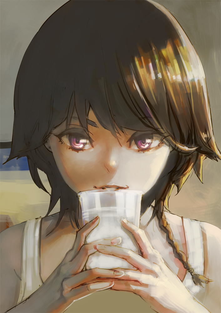 aro_(charged_time_out) bad_id bad_pixiv_id braid brown_hair cup drinking_glass holding looking_at_viewer original parted_lips purple_eyes short_hair single_braid solo