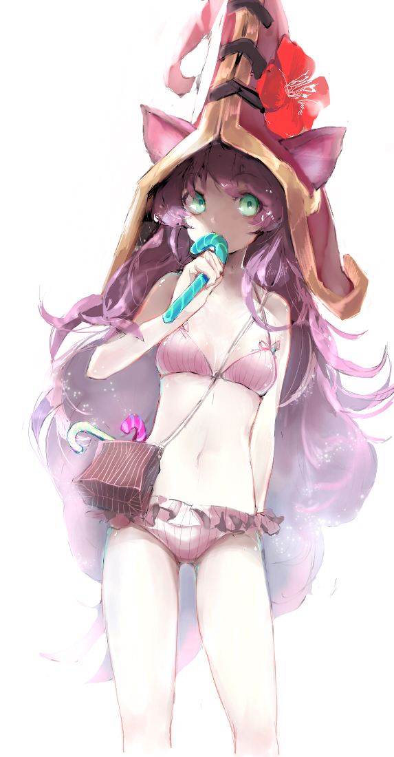 animal_ears bikini breasts candy candy_cane ears_through_headwear eating flower food green_hair hat hat_flower holding holding_candy_cane joypyonn league_of_legends long_hair looking_at_viewer lulu_(league_of_legends) navel petite pouch purple_hair simple_background small_breasts solo swimsuit witch_hat