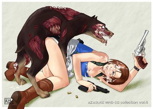 azasuke_wind bestiality blue_eyes bone brown_hair canine cerberus cum cum_inside cum_on_chest cum_on_face doberman dog doggy_position doggystyle duo female feral forced from_behind hair human human_on_feral interspecies jill_valentine mal male mammal necrophilia nude penetration plain_background ranged_weapon rape resident_evil sex straight undead weapon white_background zombie