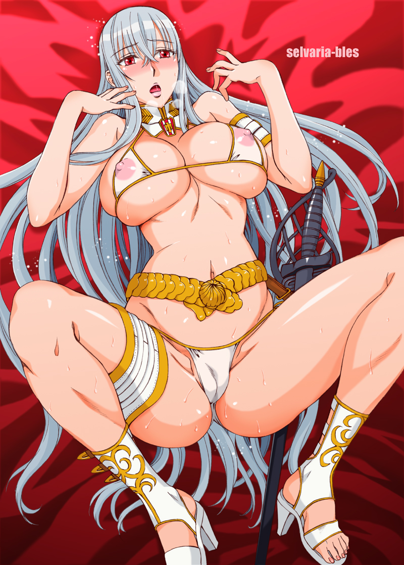 areolae bed belt bikini blush breasts cameltoe character_name feet hanzaki_jirou high_heels large_breasts legs lips long_hair long_legs lying nail_polish navel nipples open_mouth pink_lips pink_nails red_eyes see-through selvaria_bles senjou_no_valkyria senjou_no_valkyria_1 shiny shiny_skin shoes silver_hair solo spread_legs swimsuit sword thick_lips thick_thighs thighs very_long_hair weapon white_bikini white_swimsuit