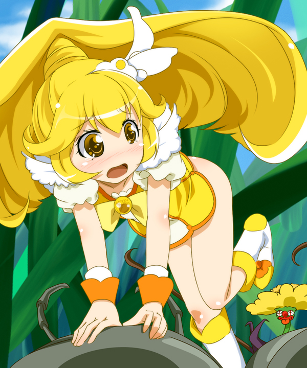 akanbe_(smile_precure!) bad_id bad_pixiv_id blonde_hair blush bottomless bow cure_peace grass hair_flaps kise_yayoi long_hair magical_girl minigirl no_panties open_mouth precure sch smile_precure! yellow yellow_bow yellow_eyes