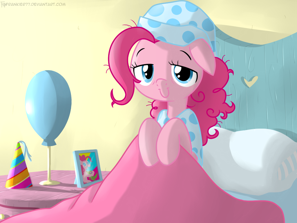 bed blue_eyes clothing equine female feral frankier77 friendship_is_magic fur hair hat horse lamp mammal my_little_pony party_hat pillow pink_fur pink_hair pinkie_pie_(mlp) pony solo