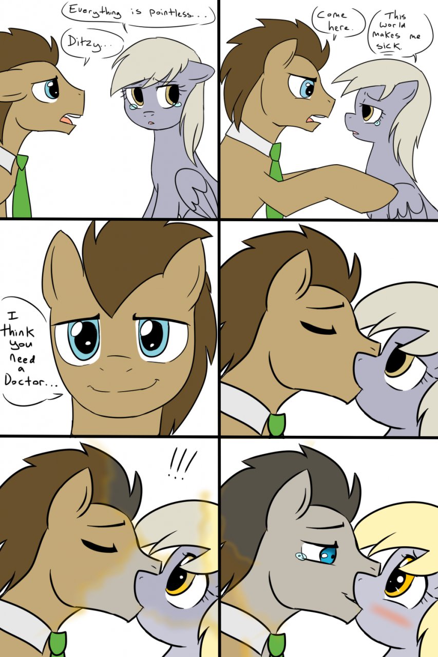 angry balddumborat blonde_hair blush brown_hair comic couple cute depressed derpy_hooves_(mlp) dialog dialogue discorded doctor_whoof_(mlp) doctor_whooves_(mlp) english_text equine female feral friendship_is_magic hair horse kissing male mammal my_little_pony pegasus plain_background pony sad smile straight text white_background wings