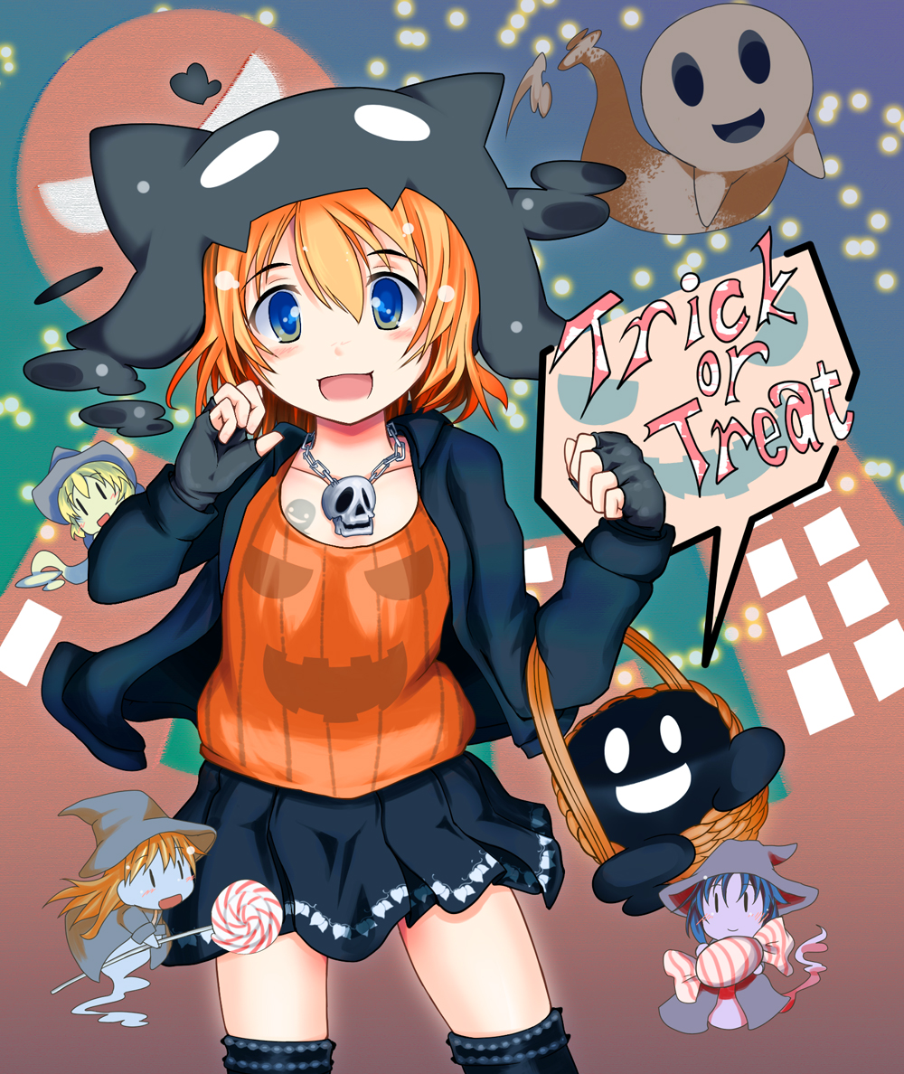 candy food ghost halloween looking_at_viewer multiple_girls open_mouth original sch short_hair skirt smile thighhighs trick_or_treat |_|