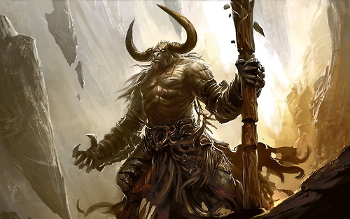 armor bald bandage beard belt biceps bovine brown_body brown_fur bull cattle cave claw_gloves claws clothed clothing detailed_background digitigrade edit facial_hair fantasy fur gauntlet glowing glowing_eyes half-dressed horn hybrid loincloth magic_the_gathering male mammal melee_weapon minotaur muscles pecs scar standing topless unknown_artist vein weapon white_eyes wizards_of_the_coast