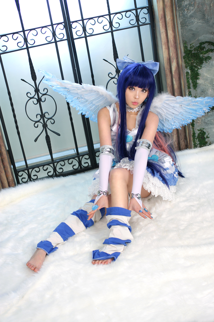 angel_wings asian barefoot bow brown_eyes cosplay feet hair_bow jewelry panty_&amp;_stocking_with_garterbelt photo purple_hair spiral_cats stocking_(psg) wings