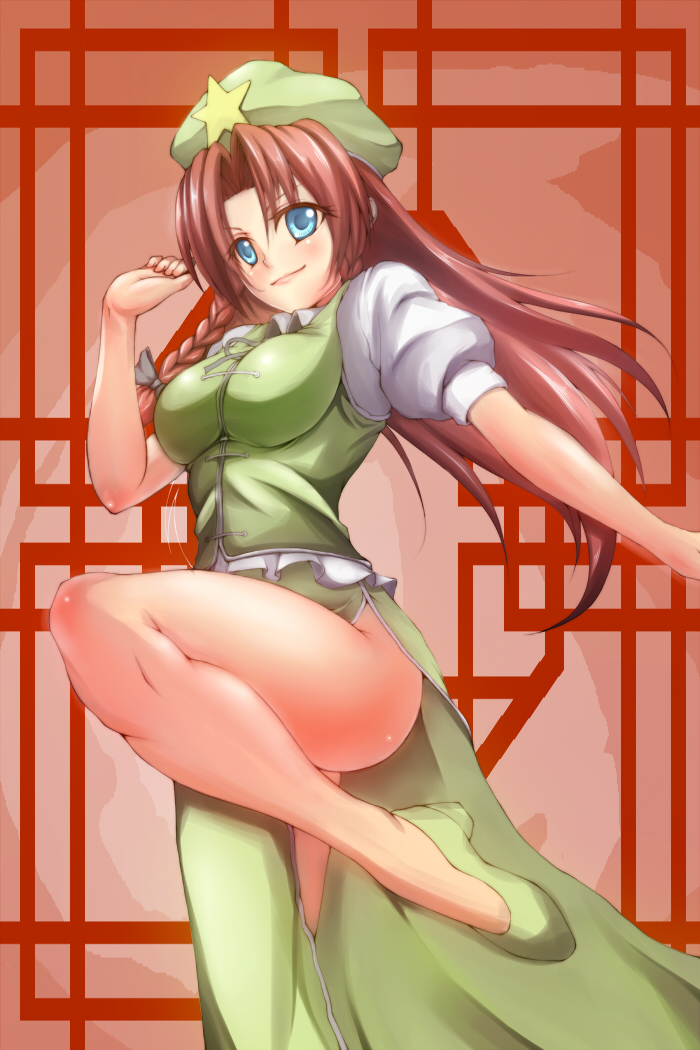 bad_id bad_pixiv_id bare_legs beret blue_eyes bow braid breasts chinese_clothes fighting_stance hair_bow hat hong_meiling leg_lift long_hair medium_breasts red_hair saintshiro shoes side_slit smile solo touhou twin_braids