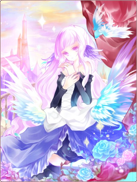 bird blue_flower blue_rose castle curtains detached_sleeves flower gwendolyn hair_down hair_ornament jewelry long_hair no_nose odin_sphere pink ring rose silver_hair sky solo souka_(souspirit) white_hair wings wrist_grab