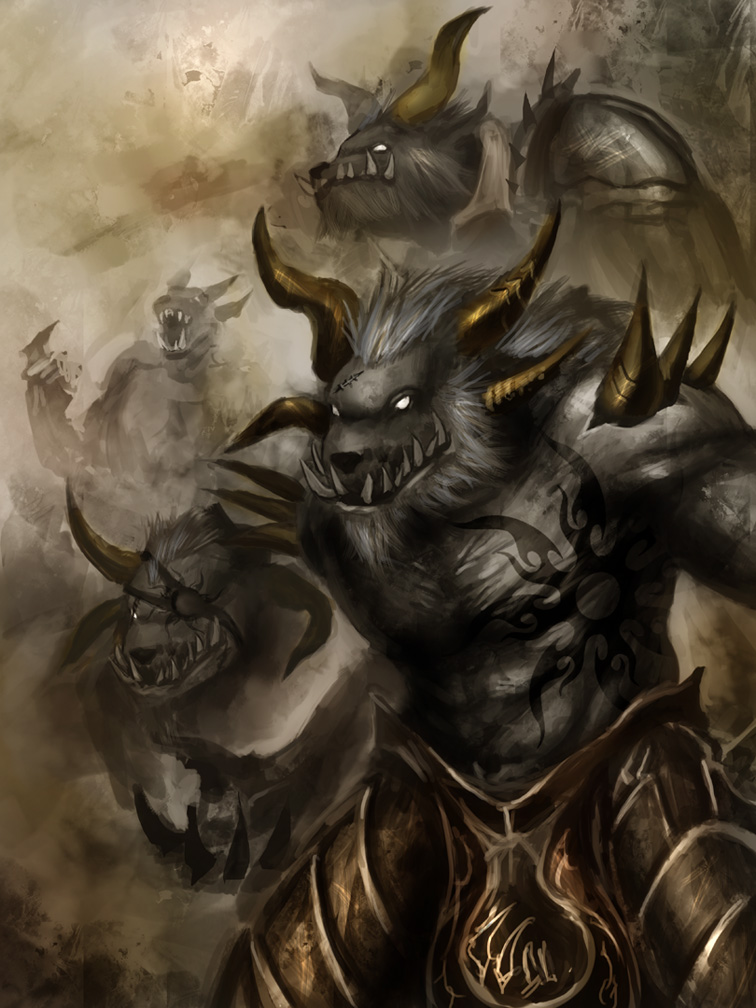 armor ash_legion biceps bodypaint charr claws clawspur clothed clothing eye_patch eyewear fangs fantasy feline flexing fur grey_fur group guild_wars half-dressed horn male mammal markings maverick muscles pecs pose scar shadow smile smoke standing tattoo teeth topless video_games white_eyes