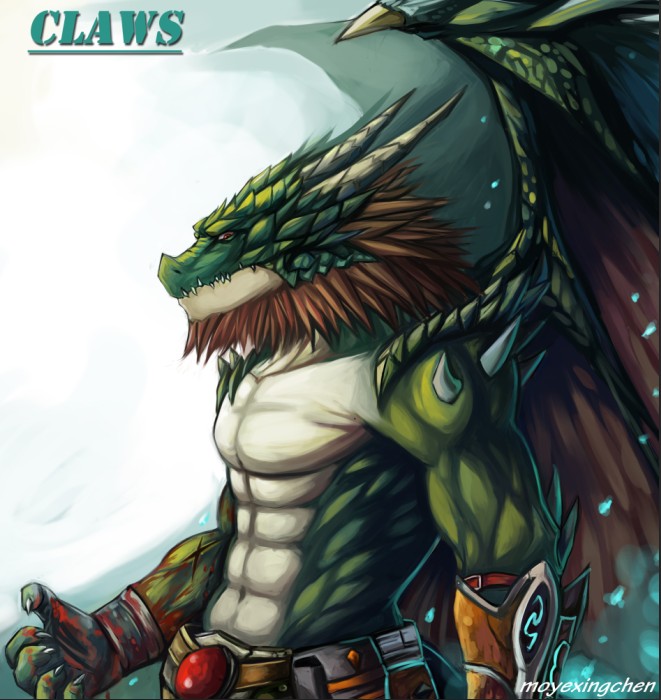 &#39764;&#22812;&#26143;&#36784; anthro armor bandage beard belt biceps blood bracer brown_fur claws clothed clothing dragon english_text facial_hair fangs fur gauntlet green_skin green_theme half-dressed hk2368321 horn looking_at_viewer male muscles pants pecs pose red_eyes scales scar solo spines standing text topless white_skin wings