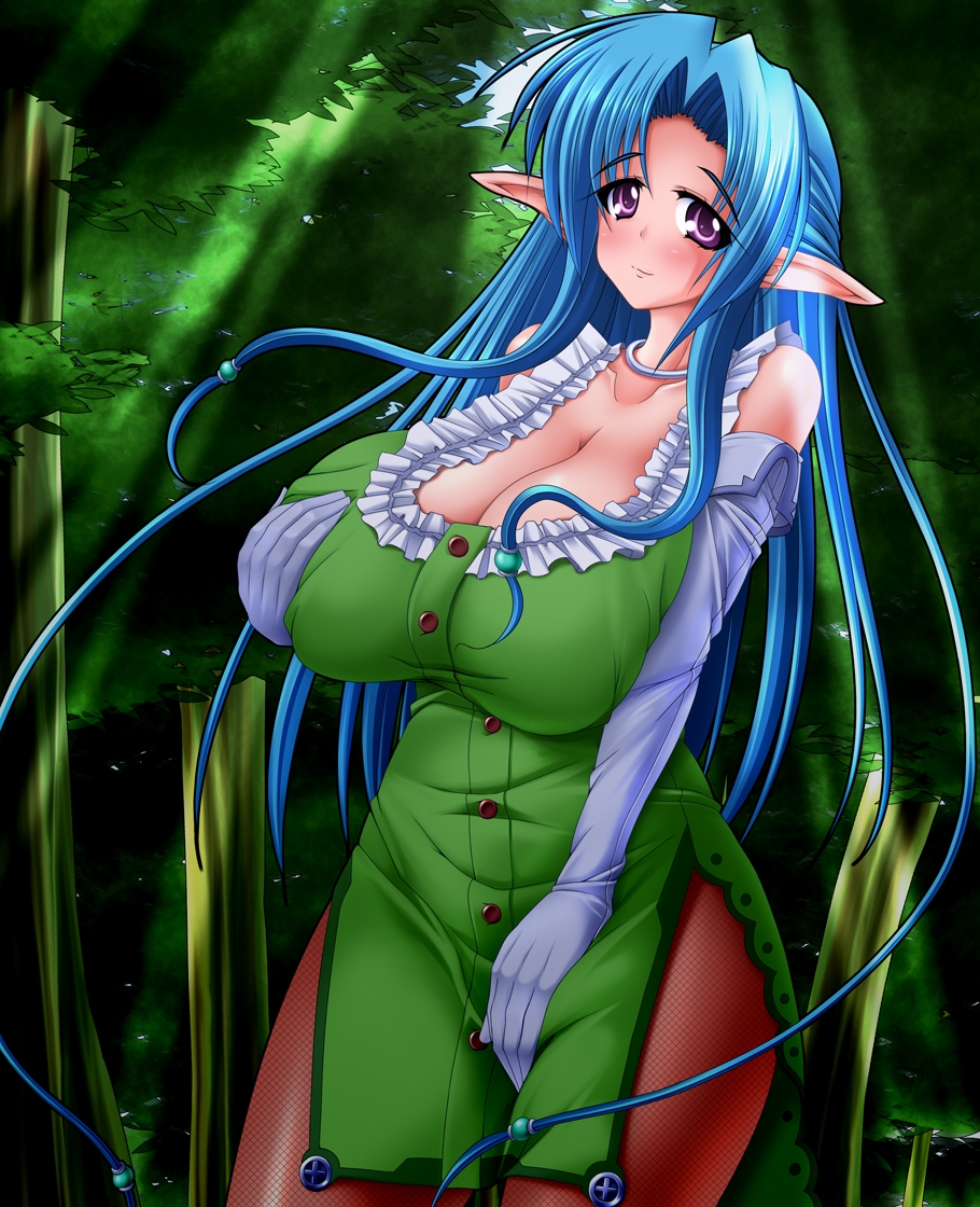 1girl bare_shoulders blue_hair breast_hold breasts cleavage curvy elbow_gloves elf ellshed female fishnets forest gloves huge_breasts long_hair nature outdoors pantyhose pointy_ears purple_eyes solo standing