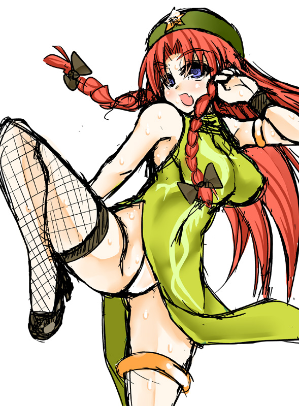 alternate_costume bare_shoulders beret blue_eyes borrowed_design bow braid breasts chinese_clothes fighting_stance fishnets hair_bow hat hong_meiling kicking large_breasts leg_up legs long_hair long_legs mabuchoco_m md5_mismatch open_mouth red_hair side_slit simple_background sketch sleeveless solo sweat thighhighs thighs touhou twin_braids very_long_hair white_background