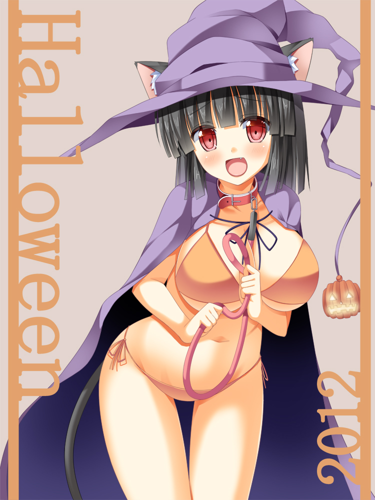 2012 :d animal_ears asa_no_ha bikini black_hair blush breasts cape cat_ears cat_tail character_name collar ears_through_headwear fang halloween hat large_breasts navel open_mouth original red_eyes short_hair side-tie_bikini smile solo swimsuit tail thigh_gap witch_hat