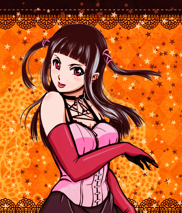 breasts brown_hair colorfag colorized corset drawfag elbow_gloves gloves hair_flip hair_ribbon large_breasts lipstick long_hair makeup red_eyes red_gloves ribbon rosario+vampire solo toujou_ruby twintails