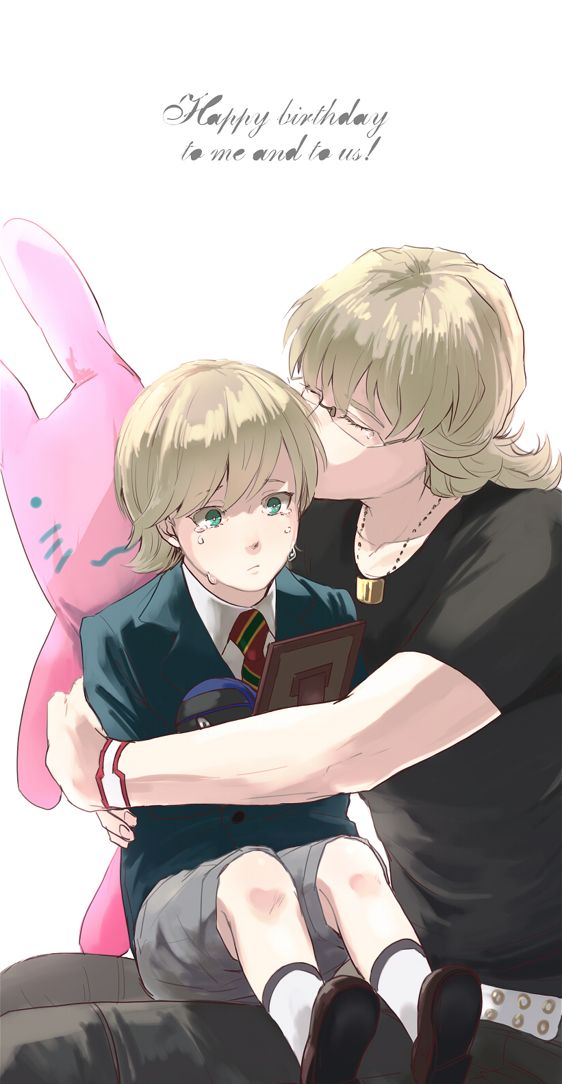 bad_id bad_pixiv_id barnaby_brooks_jr blonde_hair child citric512 crying dual_persona glasses green_eyes highres hug jewelry multiple_boys necklace older picture_frame shorts stuffed_animal stuffed_bunny stuffed_toy tears tiger_&amp;_bunny time_paradox toy_robot younger