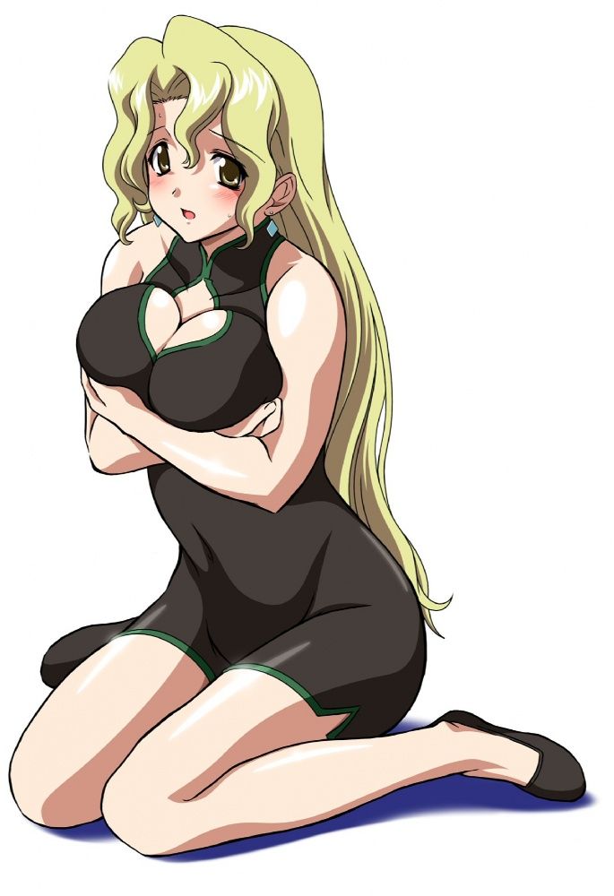 blonde_hair blush breast_squeeze breasts brown_eyes china_dress chinese_clothes cleavage dress earrings jewelry large_breasts long_hair looking_at_viewer michelle_cheung r.o.d_the_tv read_or_die shoes simple_background sitting solo