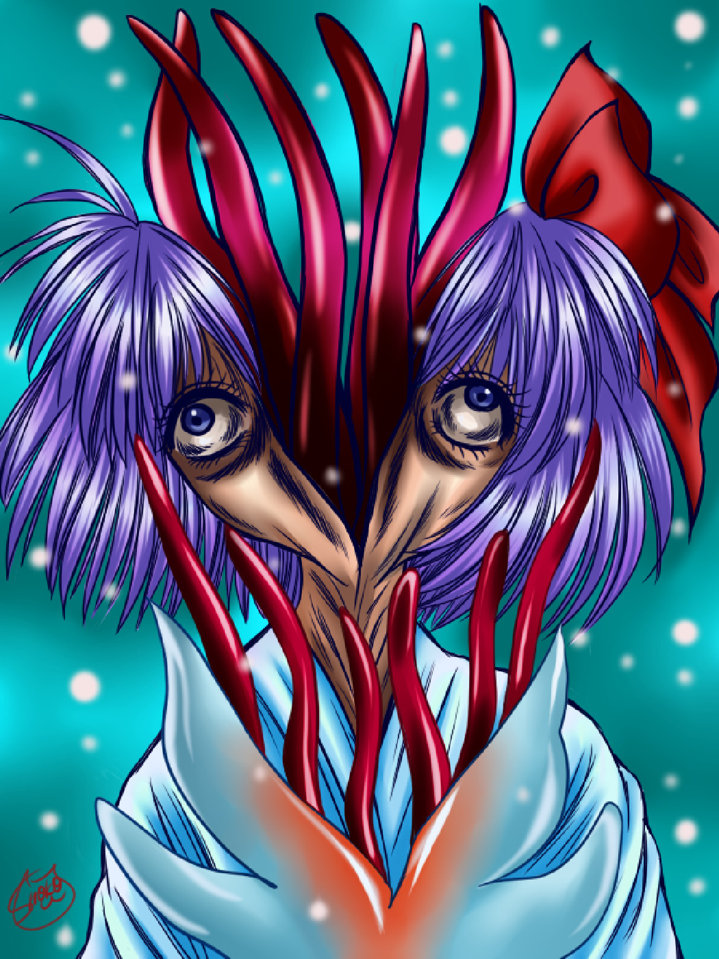 bathrobe blue_eyes bow creepy female hair nightmare_fuel not_furry pixiv purple_hair shoko solo tentacles what