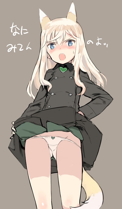 :o animal_ears blonde_hair blue_eyes blush commentary fox_ears fox_tail long_hair looking_at_viewer open_mouth ottilie_kittel panties shimada_fumikane simple_background sketch skirt skirt_lift solo tail translated underwear white_panties world_witches_series