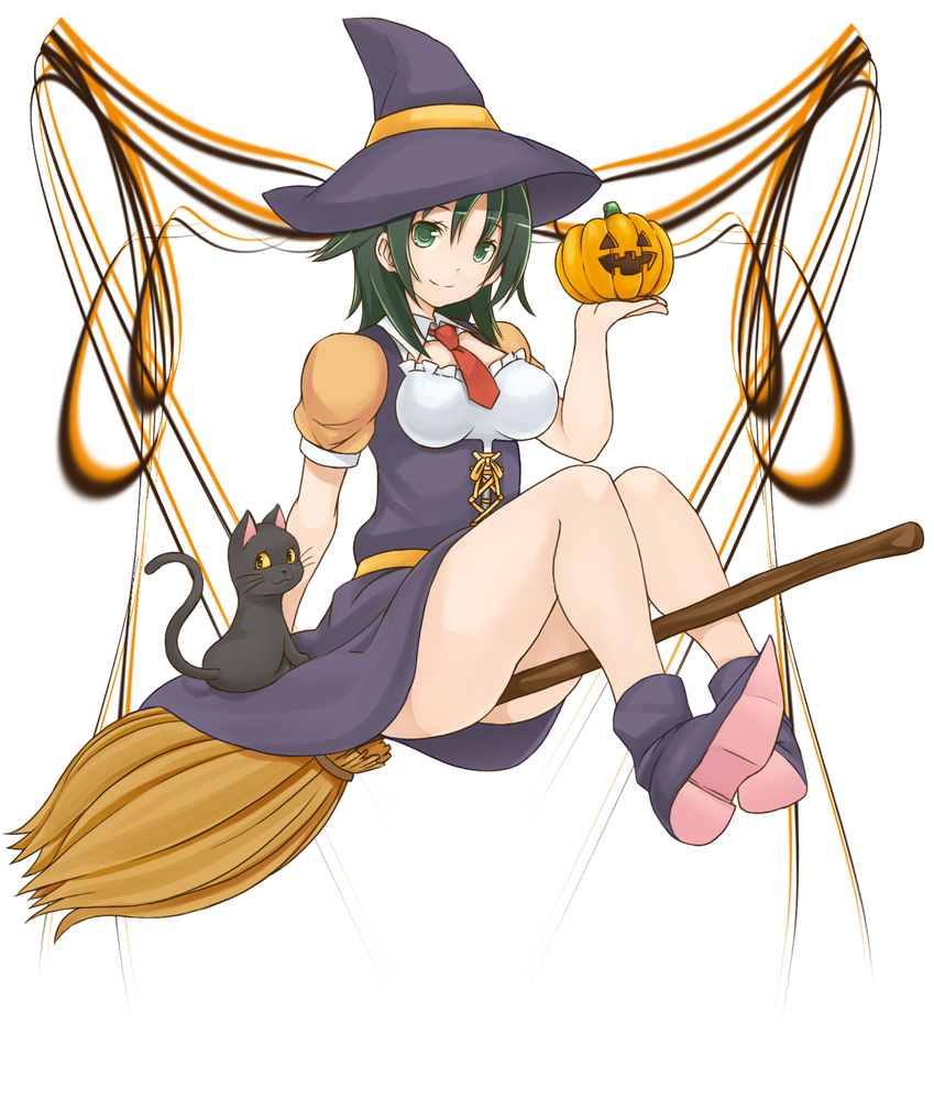 alternate_costume atsuko black_hair broom cat green_eyes halloween hat jack-o'-lantern minami-ke mo-fu necktie pumpkin solo witch witch_hat